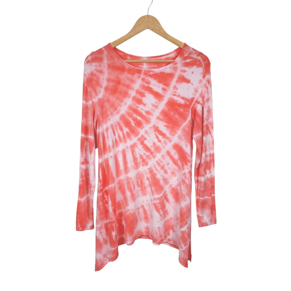 Soft Surroundings Long Sleeve Shirt S Coral/Orange Stretch Jersey Hanky‎ Hem